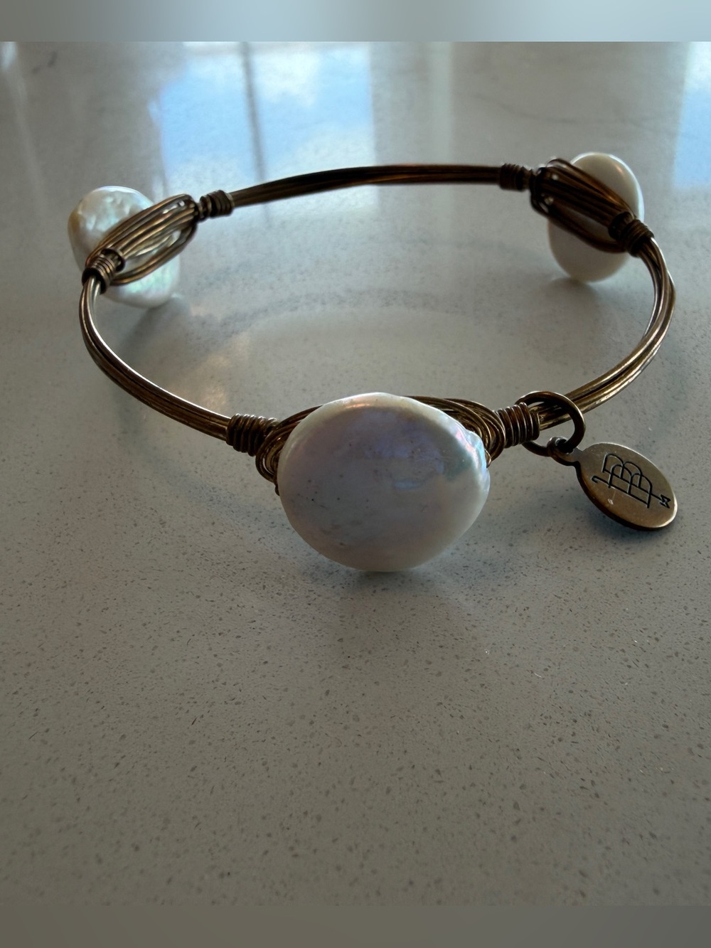 Bourbon and Bowties Gold-Tone Bangle with White Coin Pearls